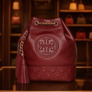 NEW Tory Burch Fleming Imperial Garnet Burgundy Leather Medium Bucket Tote Bag